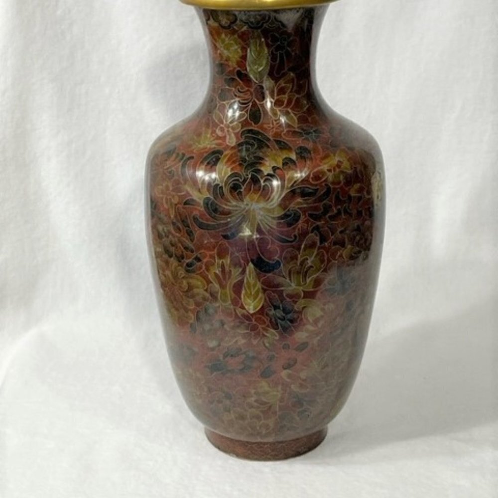 Very large Vintage Chinese brass and cloisonne vase in browns and rust - Picture 3 of 8